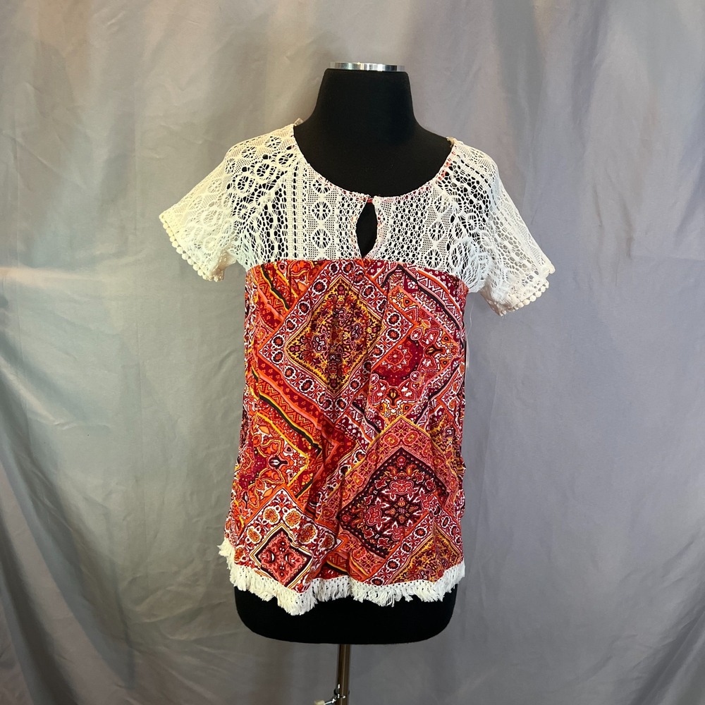 Harlow & Rose Blouse Top Womens Small Multicolor Geometric Lace Detail Boho